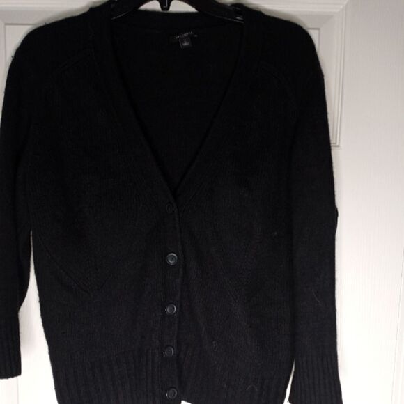 Ann Taylor L BlackWoolModalBlend 3/4 SleeveV-neckKnittedButtonUp Women'sCardigan - Picture 1 of 5